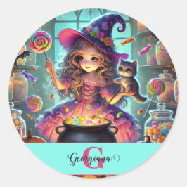 Adesivo Redondo Nome Personalizado - Cute Whimsical Witch Hallowee