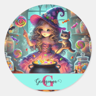 Adesivo Redondo Nome Personalizado - Cute Whimsical Witch Hallowee