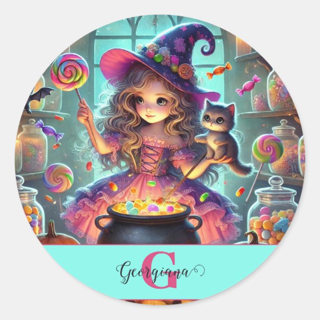 Adesivo Redondo Nome Personalizado - Cute Whimsical Witch Hallowee (Frente)