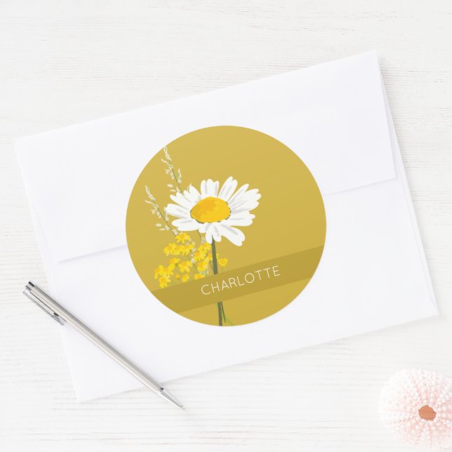 Adesivo Redondo Nome Personalizado da Daisy Flower Branca (Envelope)