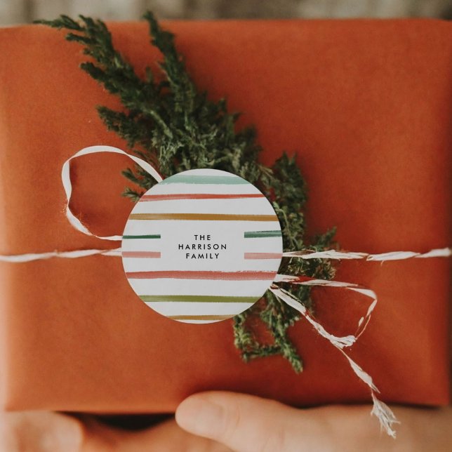 Adesivo Redondo Nome Personalizado da Faixa de Água (Watercolor Stripes Custom Name Classic Round Sticker)