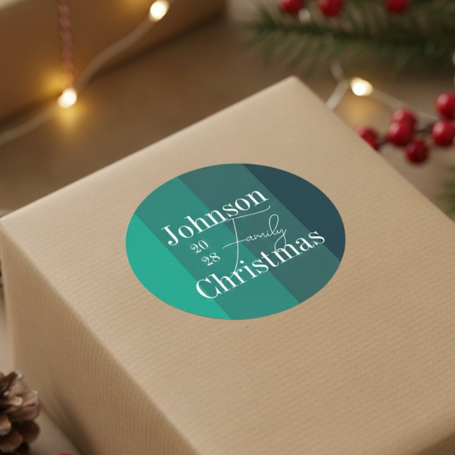 Adesivo Redondo Nome Personalizado da Família Stripes Verde Natal (Criador carregado)