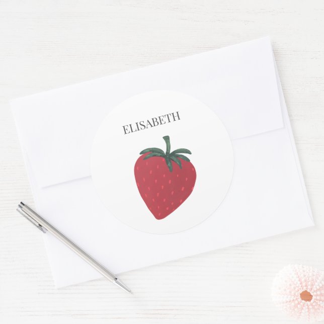 Adesivo Redondo Nome Personalizado da Fruta de Morango Vermelho (Envelope)