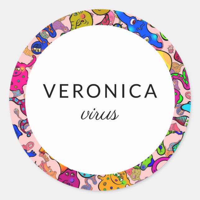 Adesivo Redondo Nome Personalizado das Bactérias de Cartoon (Frente)