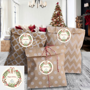Adesivo Redondo Nome Personalizado de Candy Cane Wreath de Natal N