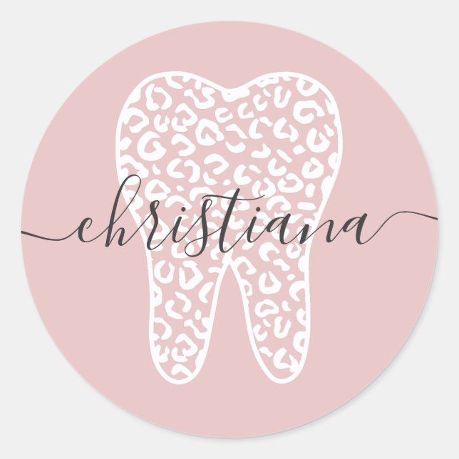 Adesivo Redondo Nome Personalizado Dente de Impressão Leopardo Den (Frente)