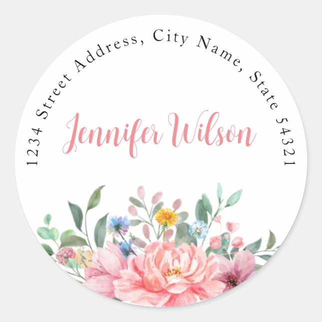 Adesivo Redondo Nome Personalizado do Buquê Floral Rosa primavera  (Frente)