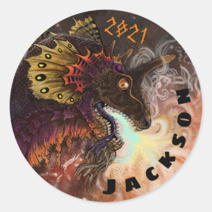 Adesivo Redondo Nome Personalizado do Dragão do Spitter de Fogo