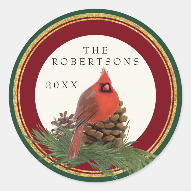 Adesivo Redondo Nome Personalizado Do Pinho Cardeal Pintado À Mão (Frente)