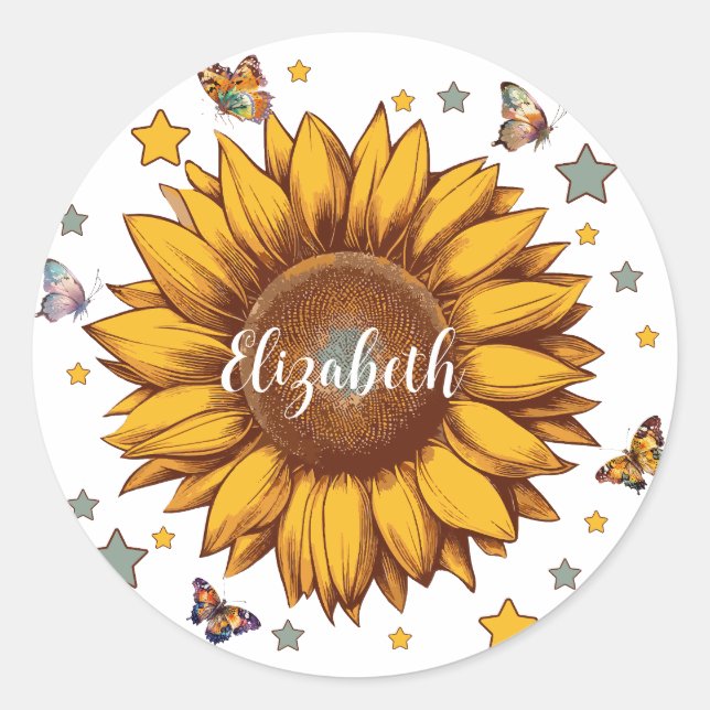 Adesivo Redondo Nome personalizado do presente de girassol retro f (Frente)