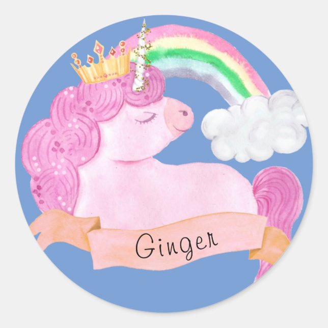 Adesivo Redondo Nome Personalizado do 🌈 Rainbow Unicorn (Frente)
