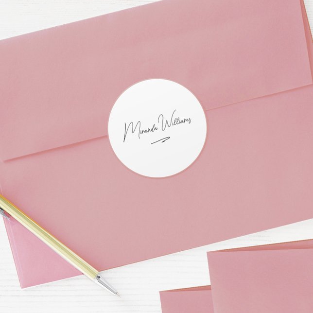 Adesivo Redondo Nome Personalizado Escrito Manuscrito Mínimo Branc (Criador carregado)