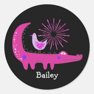 Adesivo Redondo Nome Personalizado Faíscas Rosa Jacaré e Gaivota