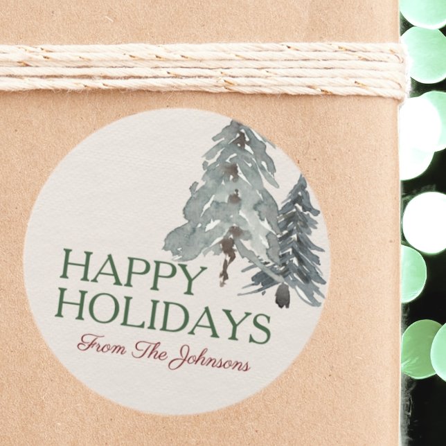 Adesivo Redondo Nome Personalizado Feriados Felizes Árvores de Pin (Criador carregado)