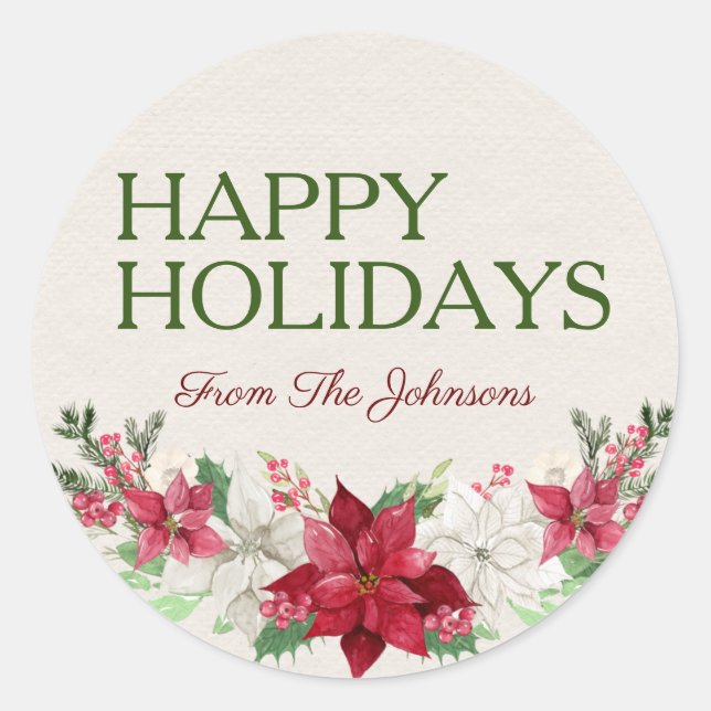 Adesivo Redondo Nome Personalizado Feriados Felizes Poinsettia de  (Frente)