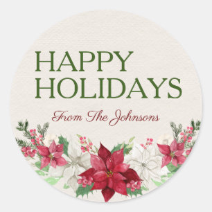 Adesivo Redondo Nome Personalizado Feriados Felizes Poinsettia de