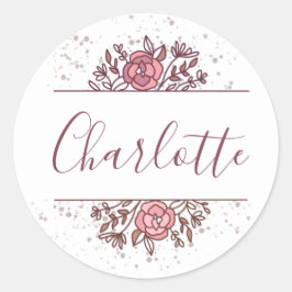 Adesivo Redondo Nome Personalizado Floral Rosa bonito