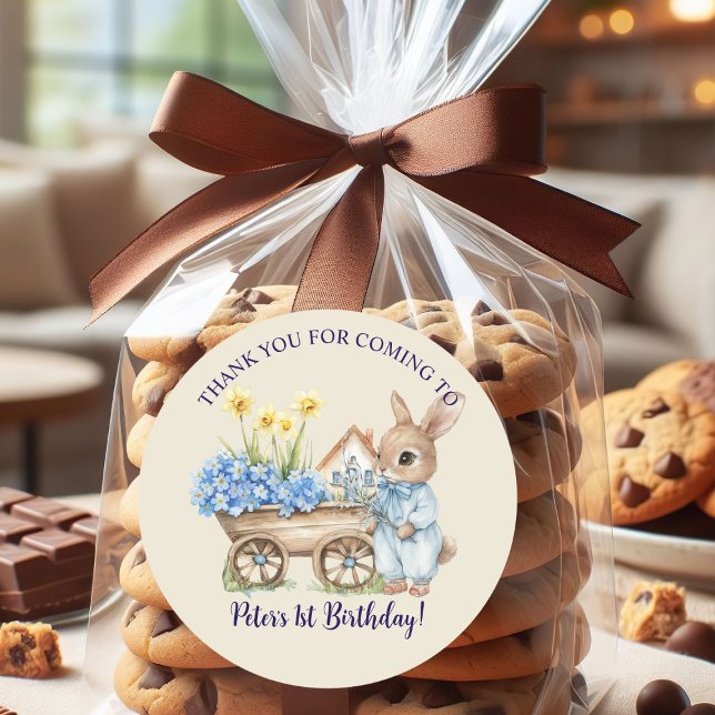 Adesivo Redondo Nome Personalizado Flores Azuis Bunny Favoritos An (Criador carregado)