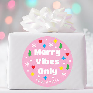 Adesivo Redondo Nome Personalizado Fofo Festa Retro Rosa Natal
