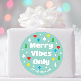 Adesivo Redondo Nome Personalizado Fofo Festa Retro Verde Natal