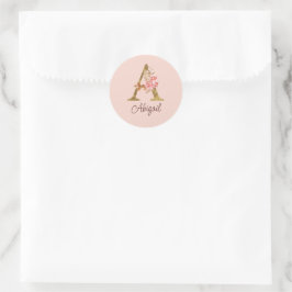 Adesivo Redondo Nome Personalizado Folha de Ouro Blush Rosas Rosa