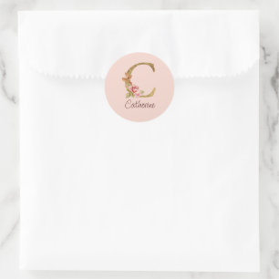 Adesivo Redondo Nome Personalizado Folha de Ouro Blush Rosas Rosa