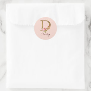 Adesivo Redondo Nome Personalizado Folha Dourada Blush Rosas Cor-d