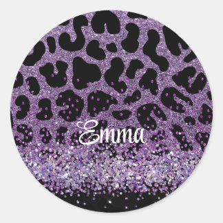 Adesivo Redondo Nome personalizado Glitter-leopardo-roxo