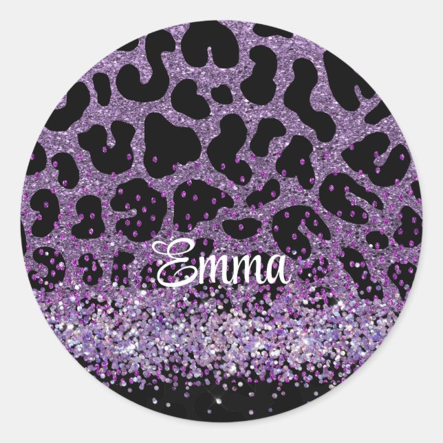 Adesivo Redondo Nome personalizado Glitter-leopardo-roxo (Frente)