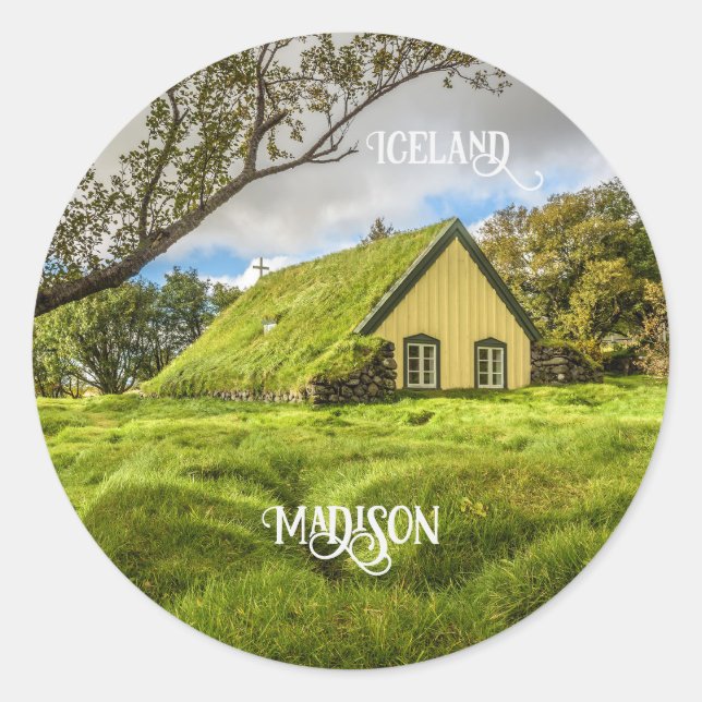 Adesivo Redondo Nome Personalizado Igreja Turf Islandesa (Frente)