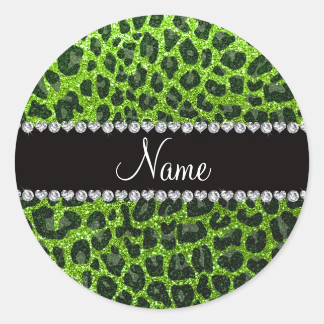 Adesivo Redondo Nome personalizado impressão leopardo verde neon n (Frente)