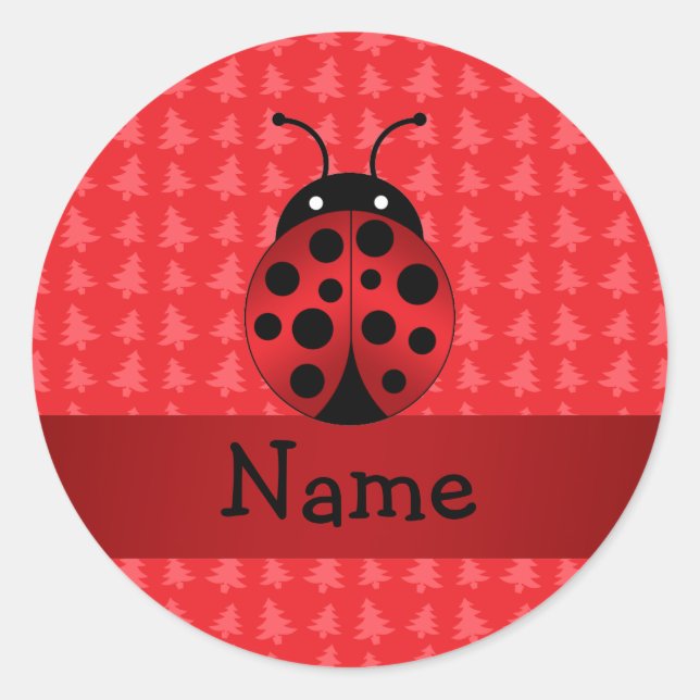 Adesivo Redondo Nome personalizado ladybug árvores de natal vermel (Frente)