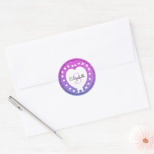 Adesivo Redondo Nome Personalizado Monograma Cor-de-rosa Roxo Cora