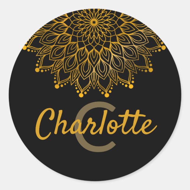 Adesivo Redondo Nome personalizado monograma inicial floral mandal (Frente)