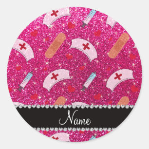Adesivo Redondo Nome personalizado, neon hot pink glitter, enferme