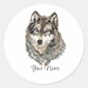 Adesivo Redondo Nome personalizado ou texto Lobo aquarela Animal