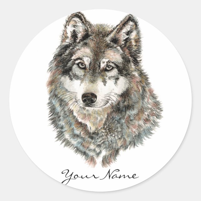 Adesivo Redondo Nome personalizado ou Wolf de texto aquarela anima (Frente)