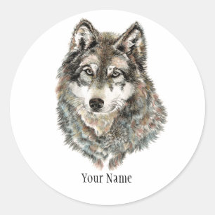 Adesivo Redondo Nome personalizado ou Wolf de texto aquarela anima