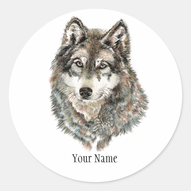 Adesivo Redondo Nome personalizado ou Wolf de texto aquarela anima (Frente)
