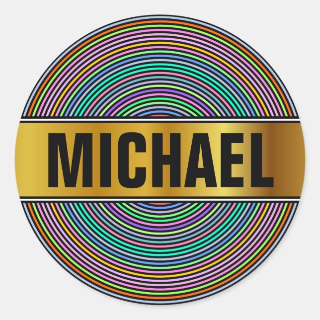 Adesivo Redondo Nome Personalizado + Padrão de Círculos/Anéis Mult (Frente)