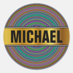 Adesivo Redondo Nome Personalizado + Padrão de Círculos/Anéis Mult