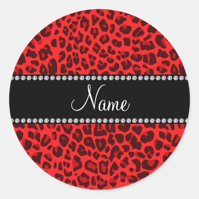 Adesivo Redondo Nome personalizado padrão leopardo vermelho (Frente)