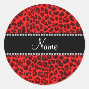 Adesivo Redondo Nome personalizado padrão leopardo vermelho