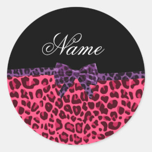 Adesivo Redondo Nome personalizado padrão rosa-leopardo arco roxo