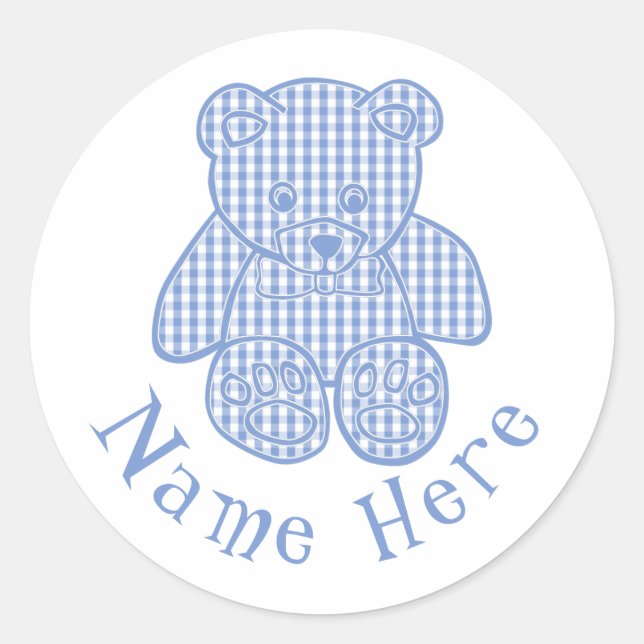 Adesivo Redondo Nome personalizado Pale Blue Pastel Gingham Teddy  (Frente)