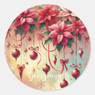 Adesivo Redondo Nome Personalizado Poinsettia Whimsical Baubles de