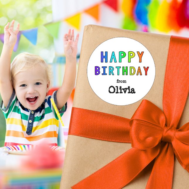 Adesivo Redondo Nome personalizado Rainbow Happy Aniversário (Criador carregado)