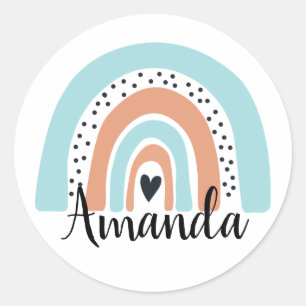 Adesivo Redondo Nome Personalizado Rainbow Heart Peach Azul
