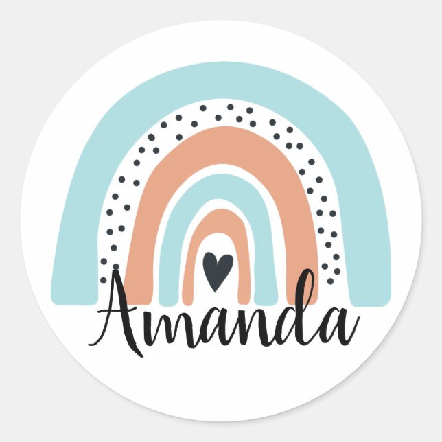 Adesivo Redondo Nome Personalizado Rainbow Heart Peach Azul (Frente)
