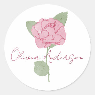 Adesivo Redondo Nome Personalizado Rosa Flor Aquarela Minimalista 
